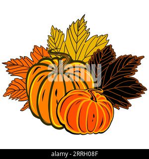 Herbstbilder von zwei orangefarbenen runden Reifen Kürbissen mit bunten Ahornblättern. JPEG-Illustration für Aufkleber, Erstellen von Mustern, Einwickeln von Papier, Stockfoto