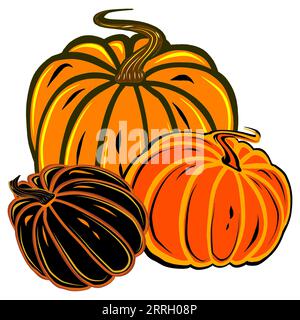 Herbstillustration von drei bunten runden Reifen Kürbissen. JPEG-Illustration für Aufkleber, Erstellen von Mustern, Geschenkpapier, Postkarten, Design Stockfoto