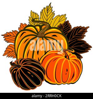 Herbstillustration von drei bunten runden Reifen Kürbissen mit Ahornblättern. JPEG-Illustration für Aufkleber, Erstellen von Mustern, Einwickeln von Papier, Stockfoto