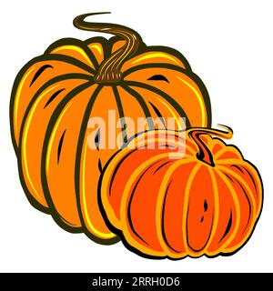 Herbstbilder von zwei orangen Kürbissen. JPEG-Illustration für Aufkleber, Erstellen von Mustern, Geschenkpapier, Postkarten, Designvorlage, Stoff, Stockfoto