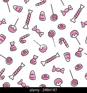 Nahtloses Halloween-Muster mit Süßigkeiten. Doodle-Style in Pink. Gestalte ein Kunstmuster mit Süßigkeiten für Halloween. Für Textilien, Geschenkpapier, Geschenk Stock Vektor