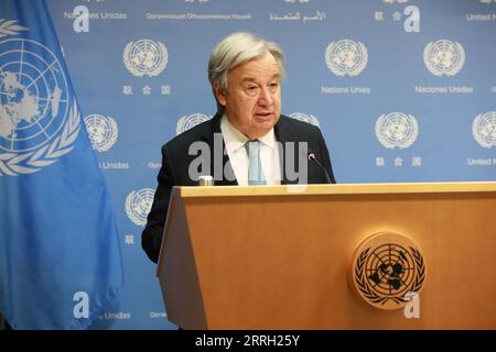 220609 -- VEREINTEN NATIONEN, 9. Juni 2022 -- UN-Generalsekretär Antonio Guterres spricht anlässlich der Veröffentlichung eines zweiten Berichts der Global Crisis Response Group on Food, Energy and Finance über den Ukraine-Konflikt am 8. Juni 2022 im UN-Hauptquartier in New York. UN-GUTERRES-REPORT-UKRAINE XiexE PUBLICATIONxNOTxINxCHN Stockfoto