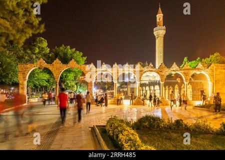 Sanliurfa, Türkei - 19. Juni 2023 : Balıklıgöl (Balık-See) und Rizvaniye-Moschee in wunderschöner Sonnenuntergangslandschaft in Şanlıurfa, Türkei. Stockfoto