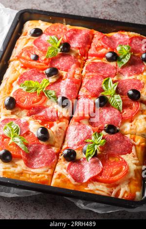 Rechteckige Pizza mit Käse, Wurst, Oliven und Tomaten in einem Backblech auf dem Tisch. Vertikal Stockfoto