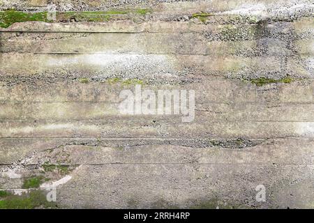 Alte verwitterte Betonwand mit Moos und Flechten, die darauf wachsen. Abstrakte Grunge-Hintergrundtextur Stockfoto