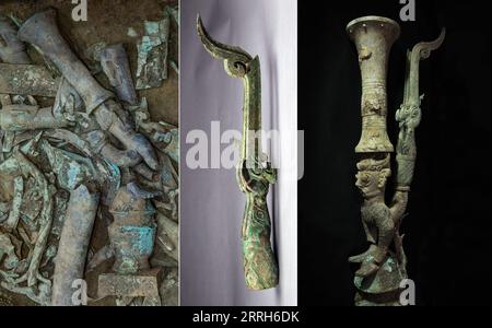 220616 -- GUANGHAN, 16. Juni 2022 -- Kombo-Foto zeigt verstreute Teile einer neu entdeckten Bronzeskulptur L in der Opfergrube Nr. 8 der Sanxingdui-Ruinen Foto des Xinhua-Journalisten am 1. Juni, 2022 ein Bronzewarenteil C, der 1986 aus der Opfergrube Nr. 2 freigelegt wurde, aufgenommen am 15. Juni 2022 und bereitgestellt vom Sanxingdui Museum und die Kombination der beiden Teile, aufgenommen von Lu Haizi am 15. Juni 2022, in der südwestlichen chinesischen Provinz Sichuan. Eine neu entdeckte Bronzeskulptur an der berühmten Sanxingdui-Ruine wurde erfolgreich mit einem weiteren Bronzewareteil kombiniert Stockfoto