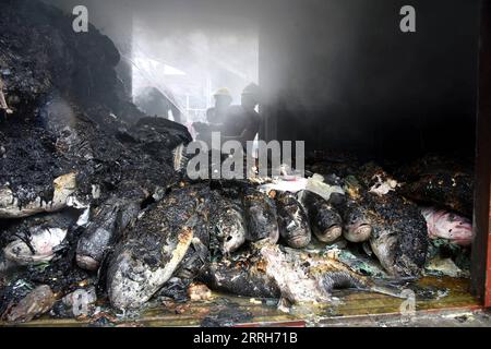 220617 -- SECUNDERABAD, 17. Juni 2022 -- Foto aufgenommen am 17. Juni 2022 zeigt die verbrannten Fracht in einem Auto eines Zuges am Bahnhof Secunderabad im südlichen Bundesstaat Telangana, Indien. Mindestens eine Person wurde getötet und 12 wurden am Freitag in Indien verletzt, nachdem die Polizei angeblich auf Demonstranten gegen das neue Rekrutierungsprogramm der Regierung für Streitkräfte gefeuert hatte, sagten Beamte. Die Tötung erfolgte unter Gewalttaten und Brandstiftung am Bahnhof Secunderabad im Südstaat Telangana. TOTE MIT Roundup: 1 Tote in Indien bei Gewalt gegen die Regierungspolitik Str/Xinhua INDIA-SECUNDER Stockfoto