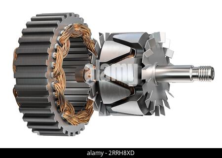 Rotor und Stator des Lichtmaschinengenerators oder Elektromotors, auf weiß isoliert. 3D Abbildung Stockfoto