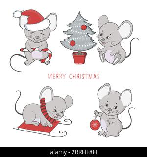 Weihnachtsset süße Zeichentrickmaus. Vektor-Winter-Illustration. Stock Vektor