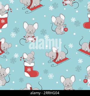 Nahtloses Weihnachtsmuster mit niedlicher Comic-Maus. Verpackungspapier mit Ratten. Stock Vektor