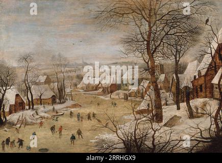 Winterlandschaft mit Eiskunstläufern und einer Vogelfalle, Anfang des 17. Jahrhunderts. Stockfoto