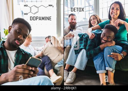 Vor und nach einem Dopamin-Detox-Zyklus. Junger Afrikaner, der auf elektronische Geräte und soziale Medien angewiesen ist und mit dem Stimuli entgiftet wurden Stockfoto