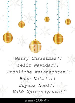 frohe Weihnachtskarte Illustration in mehreren Sprachen - englisch, spanisch, deutsch, italienisch, französisch und griechisch Wünsche Stockfoto