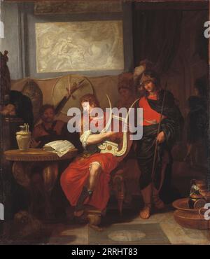 Achilles spielt die Lyre vor Patroclus, zwischen ca. 1675 und ca. 1680. Achilles spielt die Lyre bei der Ankunft der Gesandten von Agamemnon. Stockfoto