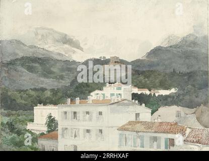 Landhäuser am Fuße der Berge, hohe Berge in der Ferne, La Turbie, 1875. Stockfoto