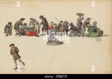 Figuren in Kleidung aus dem 17. Jahrhundert, 1882. Mann, der auf seinen Schlittschuhen hängt, Leute in Schlittschuhen, Eislauffigur. Stockfoto