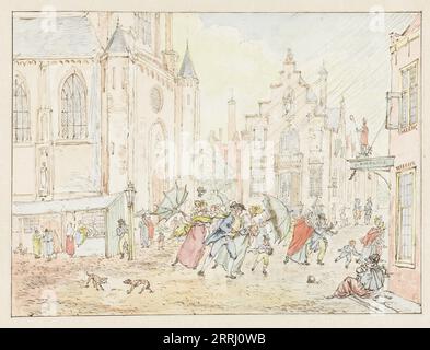 Platz mit Leuten im Regen, 1782-1837. Darstellung des Sprichwortes „nach dem Regen kommt die Sonne“. Stockfoto