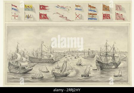 Ankunft des Earl of Leicester in Flushing, 1585, (1879). Die englische Flotte mit Robert Dudley, Earl of Leicester bei Flushing in Holland, 20. Dezember 1585. Segelschiffe, Stadt im Hintergrund. Oben in einem separaten Rahmen sechzehn nummerierte Flaggen der abgebildeten Schiffe. In Wirklichkeit handelt es sich um eine Darstellung der Ankunft des kürzlich verheirateten Friedrich V. von der Pfalz und Elisabeth Stuart in Flushing am 29. April 1613. Stockfoto