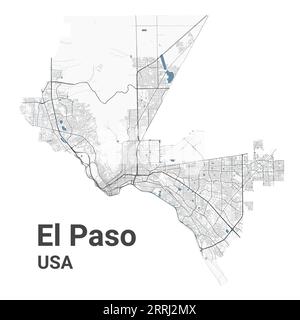 El Paso Karte, amerikanische Stadt. Stadtplan mit Flüssen und Straßen, Parks und Eisenbahnen. Vektorillustration. Stock Vektor