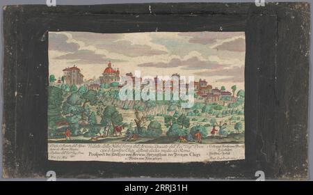 Blick auf die Stadt Ariccia, 1708-1756. Links der Palazzo Chigi und in der Mitte die Kirche Santa Maria Assunta in Cielo. Erläuternde Liste der Zahlen am unteren Rand. Stockfoto