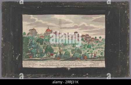 Blick auf die Stadt Ariccia, 1708-1756. Links der Palazzo Chigi und in der Mitte die Kirche Santa Maria Assunta in Cielo. Erläuternde Liste der Zahlen am unteren Rand. Stockfoto