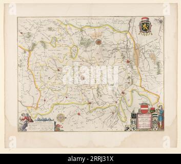 Karte von Brabant, 1635. "Prima pars Brabantiae cuius caput Lovanivm". Oben rechts: Ein Wappen; unten rechts: Titel in einer Kartusche mit König David, der die Harfe spielt. Skala in Deutsch, Brabant und italienischen Meilen. Mann und Frau mit atlas und Kompasse. Stockfoto