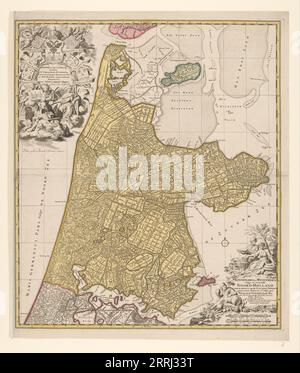 Karte von Nordholland, c.1700-c.1710. Kennemaria et Westfrisia vulgo et vernacul&#xe9; Noord-Holland tam in minores quam Praecipuas Ditiones... Zeigt die Südspitze von Texel, Wieringen, Marken und einen kleinen Abschnitt von Südholland. Auf der unteren rechten Skala in deutschen und französischen Meilen (1: 150.000). Unten rechts der Titel: Bauern mit Käse, Butter und Milch. Oben links, Widmung und Putti mit der kaiserlichen Krone und dem Wappen, allegorische Figuren - eine mit einer Windmühle, die auf ein Bild einer Schleuse schaut. Stockfoto