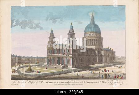 Blick auf die Saint Paul's Cathedral in London von der Nordwestseite, 1722-nach 1758. Auf der linken Seite befindet sich eine Statue der Königin Anne. Stockfoto