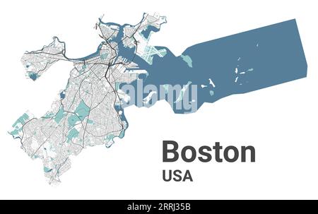 Boston Karte, amerikanische Stadt. Stadtplan mit Flüssen und Straßen, Parks und Eisenbahnen. Vektorillustration. Stock Vektor