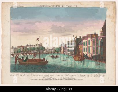 Blick auf die Halvemaansbrug über der Amstel in Amsterdam, 1755-1779. Im Hintergrund der Waag auf dem Nieuwmarkt. Stockfoto