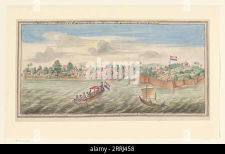 Blick auf Malakka vom Meer, 1764. Blick auf die Stadt Malakka, die direkt über der Sandbank auf der Meerseite zu sehen ist; mit Häusern, Bäumen und Palmen, eine holländische Schleife. Auf der rechten Seite befindet sich eine Festung mit der niederländischen Flagge darüber. (Die Niederländer beherrschten Malakka im heutigen Malaysia fast 183 Jahre lang). Stockfoto