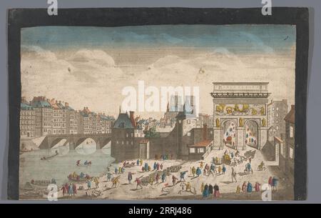 Blick auf die Porte Saint-Bernard und die Pont de la Tournelle über die seine in Paris, 1745-1775. Güterstapel am Ufer und Ruderboote mit Figuren auf dem Wasser. Stockfoto