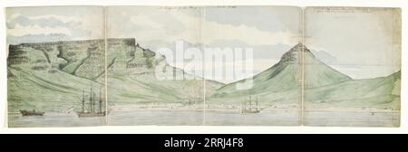 Tafelberg und Kapstadt vom Meer aus gesehen, 1787. Blick auf den Tafelberg, Kapstadt und Lion's Head Mountain. Zwischen den beiden Bergen kann man die Nek-Schlucht und darunter die Groote Kerk (reformierte Kirche) sehen. Ganz links befindet sich das Schloss de Goede Hoop (der Guten Hoffnung). Es gibt ein Schiff ohne Masten, wahrscheinlich ein Wrack, das als Leuchtturm oder Reparaturstation diente. Ein niederländisches Schiff ist zu sehen und ein amerikanisches oder französisches Schiff auf der rechten Seite. Stockfoto