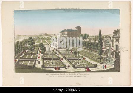 Blick auf den Giardini Vaticani in Vatikanstadt, 1735-1805. Auf der rechten Seite die Fontana degli Specchi. In der Mitte die Casina Pio IV Im Vordergrund der Giardino de Semplici. Im Hintergrund rechts die Fontana delle Torri. Stockfoto