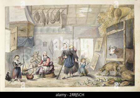 Inneres des Bauernhofes (Wohltätigkeit oder Armut), 1660-c.1687. Eine arme Bauernfamilie begrüßt einen Bettler und seine Kinder. Stockfoto