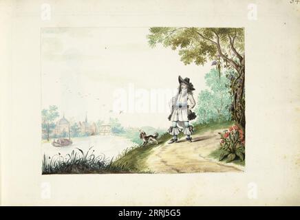 Gentleman, der einen Fluss entlang spaziert, um 1661. Möglicherweise der Dichter und Autor Henrik Jordis mit seinem Hund. Die Rebstöcke, die sich um den Baum wickeln, stehen vielleicht für Treue in der Liebe. Stockfoto