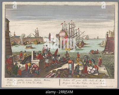 Blick auf den Hafen von Malta, 1742-1801. Schiffe und Boote segeln auf dem Wasser. Im Vordergrund stehen Figurengruppen mit Waren an der Uferpromenade. Stockfoto