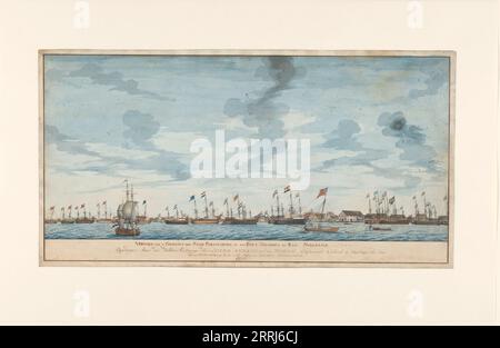 Blick auf die Stadt Paramaribo, 1772. "Vervolg van 't gezicht van een gedeelte der stad Paramaribo en het Fort Zelandia in Rio Suriname". Segelschiffe mit britischer und niederländischer Flagge. Stockfoto