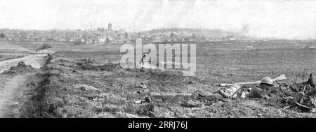 "Dans la Bataille; La Defense a l'Est d'Amiens: lignes d'infanterie francaise devant Villers-Bretonneux; les hommes se sont creuse des trous individuels", 1918. Aus L’Album de la Guerre 1914-1919, Band 2 [L’Illustration, Paris, 1924]. Stockfoto