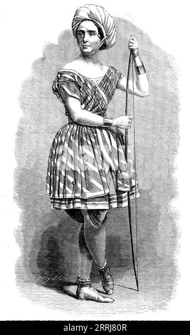 Madame Celeste als arabischer Junge, in The French Spy, im Standard Theatre, 1858. Londoner Bühnenproduktion. Celeste, „eine Pantomimimimistin der höchsten Stufe“, spielt die Rolle eines „dummen Mädchens, inspiriert von einer Leidenschaft für einen französischen Offizier, und die sich als Freiwillige tarnt, um nahe dem geliebten Objekt zu sein. In dieser Funktion wird sie vom Befehlshaber der gallischen Armee beauftragt, sich wie ein arabischer Visionist mit Pfeil und Bogen zu kleiden, damit sie die Stadt Konstantina in Sicherheit besuchen und die Entwürfe der Araber lernen kann. die Franzosen sind im Begriff zu bes Stockfoto