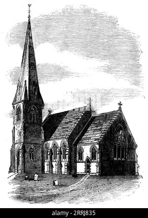 Blackfordby Church, Ashby-de-la-Zouch, 1858. Die neu erbaute St. Margaret's Church in Blackfordby in Leicestershire. Die Kirche steht auf einem hohen Boden und bietet eine weitreichende Aussicht auf das Land von Cannock Chase bis Charnwood Forest. Der Stil ist gotisch, wie er im 14. Jahrhundert vorherrschte... es gibt eine Unterkunft (einschließlich 90 Kinder) für 295 Personen. Der Auftragnehmer für die Ausführung der Arbeiten war Edwin Cooper, aus Ashby-de-la-Zouch... Stein, der in der Nähe des Ortes gefunden wurde, wurde für den größten Teil der Arbeiten verwendet; Ancaster-Stein wurde für die Fenster und das Kupfer verwendet Stockfoto