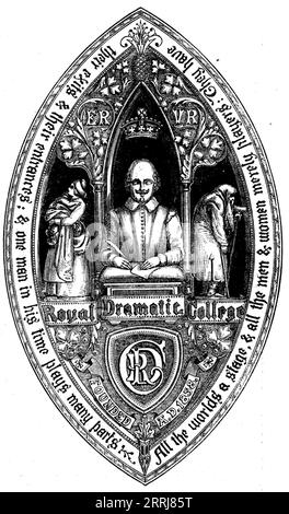 Great Seal for the Royal Dramatic College von John Leighton, 1858. "Der Entwurf für das große Siegel des Royal Dramatic College, das wir gravieren, ist in Form der schönen alten Siegel englischer Institutionen - ein vesica pices - in dessen Mitte die Büste des großen dramatischen Dichters aller Zeiten [dh Shakespeare] ist, vom Stratford Monument, unter einer königlichen Krone und einem Bogen, endet in einem thyrsus des antiken Dramas; während auf jeder Seite sind Initialen von Patron Queens, und Arten von Säuglings- und Alter - die Zeiten des Lebens, in denen die Menschheit die Hilfe anderer benötigt. Unten sehen Sie das Monogramm des Stockfoto