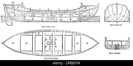 Plan and Sections of the Life-Boats der Royal National Life-Boat Institution, entworfen von James Peake, Esq..., 1858. "In den Abbildungen 1 und 2, den Höhen- und Decksplänen, ist die allgemeine Außenform des Bootes dargestellt... die gestrichelten Linien von Abb. 1 Stellen Sie die Position und Abmessungen der Luftkammern und der Entlastungsrohre dar. In Abb. 2, A steht für das Deck, B für die Entlastungsrohre...C für die seitlichen Luftkammern, D für die Luftkammern am Ende. In Abb. 3, die äußere Form der Querschnitte... wird angezeigt. Abb. 4 steht für einen Mittelschiffsquerschnitt - A sind Abschnitte der seitlichen Luftkoffer, B die r Stockfoto
