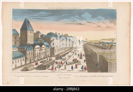 Blick auf eine Straße mit Holzständen in Wien, 1700-1799. Stockfoto