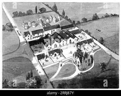 Farmhaus und Steading for a Farm in Oxfordshire, gehört dem Duke of Marlborough, 1858. Eine Ansicht von einem der Models von Mr. Wilkinson auf der Smithfield Club Show... die Rickyard ist im Norden der Gebäude vertreten; und die große Auswahl an hohen Gebäuden daneben, die von Ost nach West verlaufen, besteht aus den Dressing- und Mahlräumen; Lagerhäuser für Stroh, Spreu usw.; Getreidespeicher, Wagen- und Waggonhovels, Gerätehallen und ein carter's Cottage... die überdachten Yards erhalten den ganzen Mist, sowohl im festen als auch im flüssigen Zustand, aus den Futterständen, dem Stall und dem Schweinehund Stockfoto