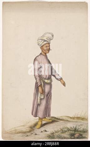 Mann in einem Turban, c.1675-c.1725. Mann in einem violett-weiß gestreiften Kaftan mit einer Schärpe um die Taille. Stockfoto