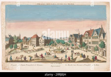 Blick auf den Rossmarkt in Frankfurt am Main, 1700-1799. In der Mitte eine Allee mit Kastanienbäumen und links die St. Katharinen-Kirche. Stockfoto