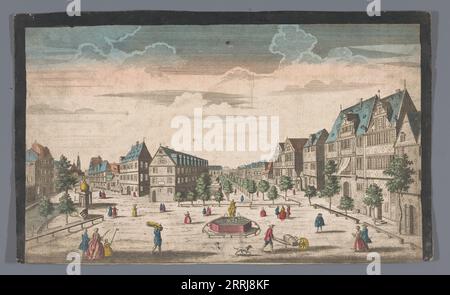 Blick auf den Rossmarkt in Frankfurt am Main, 1700-1799. In der Mitte eine Allee mit Kastanienbäumen und links die St. Katharinen-Kirche. Stockfoto