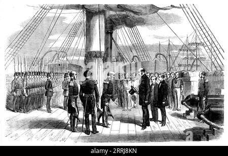 Die Einschiffung von Prinz Alfred an Bord des Euryalus am Mittwoch - nach einer Skizze von V. Jones, 1858. Der Marine-Kadett Alfred, begleitet von seinem Vater Prinz Albert, wird in den Dienst der Royal Navy eingeführt und macht seine erste Seereise. "Als wir uns der Euryalus nähern, schickten wir bemannte Werften, wie auch Konteradmiral t'Hoofts holländisches Geschwader, und ein großer Generalsgruß folgte. Prinz Albert und Prinz Alfred wurden von Captain Tarleton und dem gesamten Personal des Schiffes mit allen Ehren empfangen, die ihm durch die Könige zufielen, und von ihm beim Mittagessen in der Staatskabine unterhalten... der junge Prinz Stockfoto