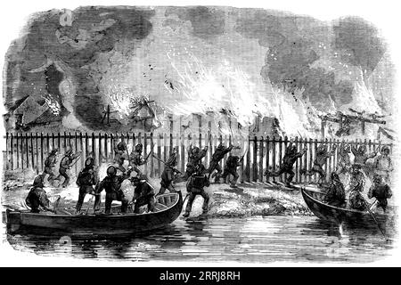 Sketches in China - The Burning of Telesio's Store, 1858. Europäer in China. "Telesio's Store... wo verschiedene Getränke und Esswaren zu kaufen waren, wo "brauner Windsor" [Suppe] und "Rowlands macassar" [Haaröl] an eine europäische Zivilisation erinnerten - wo das Unkraut von Manilla [Tabak] den Anblick unserer tapferen Krieger erregte - in der Tat ein Tempel des Chow-Chow, wo alles hingebracht werden sollte. Nun, der Signor Telesio fing an, sich queer über den Hals zu fühlen, packte seine Waren ein und setzte sich hier unten auf ein Häckseln. Letzte Woche wurde sein altes Geschäft angezündet und es brannte herrlich. Telesio, Stockfoto